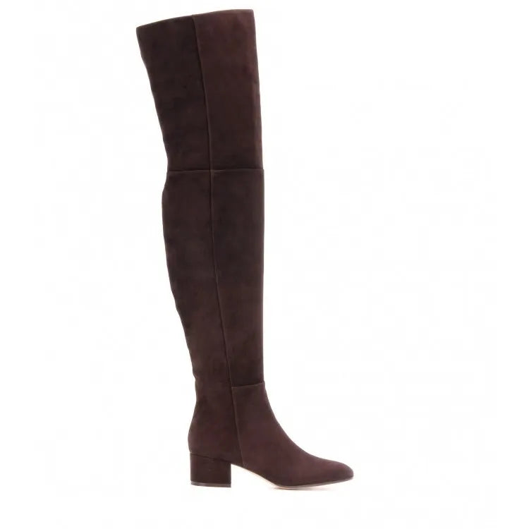 Grey suede women's over-the-knee flat boots with pointed toe and 1-3cm low thick heel