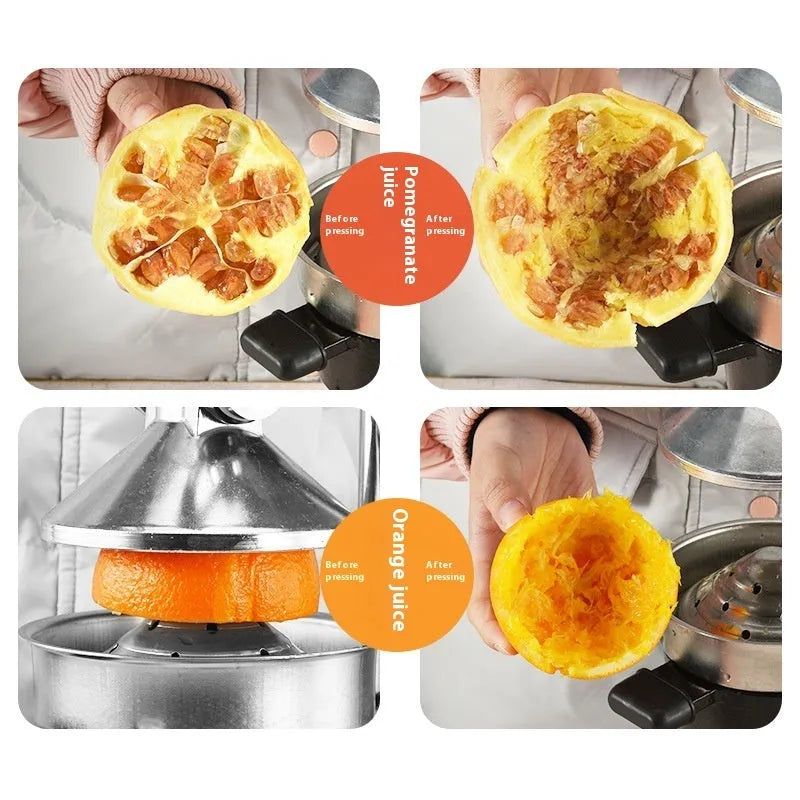 Black manual cast iron citrus juicer with stainless steel strainer on a kitchen counter.