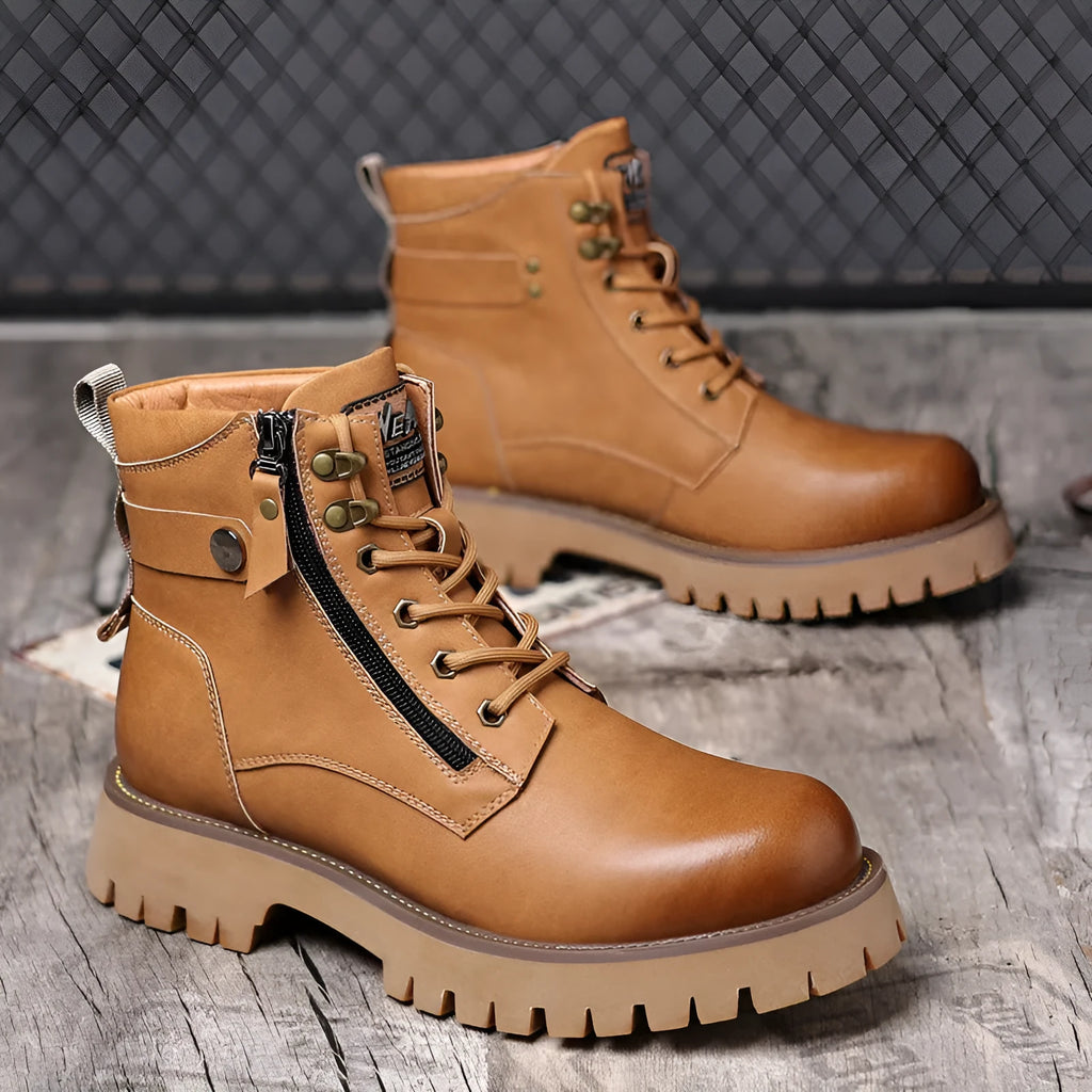 Men's brown leather high-top boot with side zipper and round toe on a rubber sole.