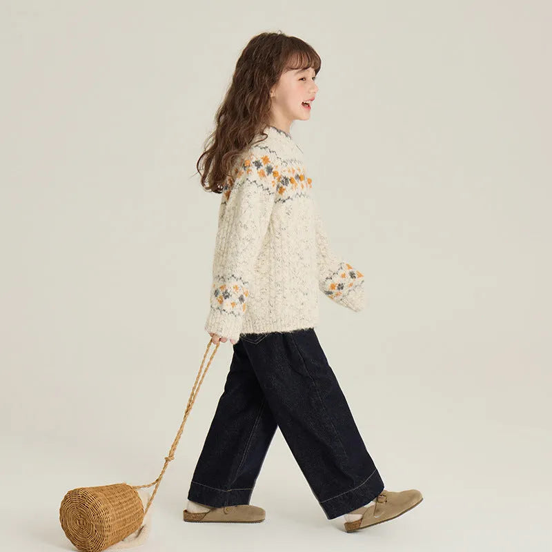 Thickened knitting top pullover in greige for children, retro idle style, 90-160cm height