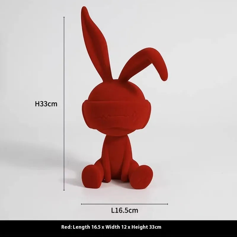 Resin rabbit table ornament with suede blindfold in blue, green or red colour options