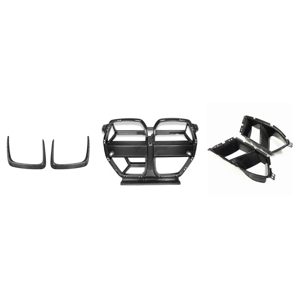 Black dry carbon fibre front bumper grille with 3K weave pattern for BMW M3 M4 G80 G82 models.