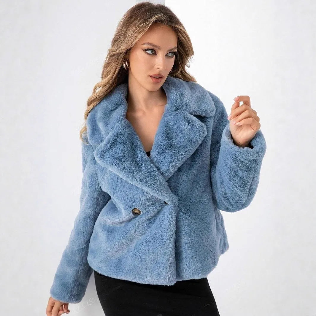 Women's loose short coat in rose red faux fur with regular sleeves, showing 50cm length.