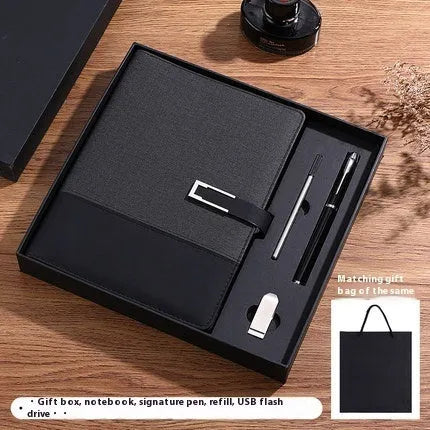 A5 business notebook with PU leather cover in brown, black, green, blue, or red, alongside a luxury gift box.