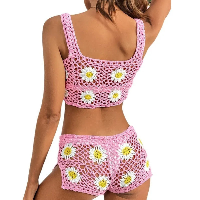 Light green floral pattern swimsuit bikini set with vest top and bikini bottom.