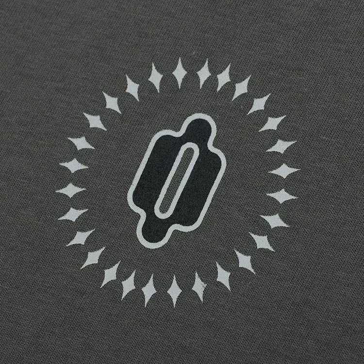 Grey cotton drop shoulder sweatshirt with letter print and long sleeves on a hanger.