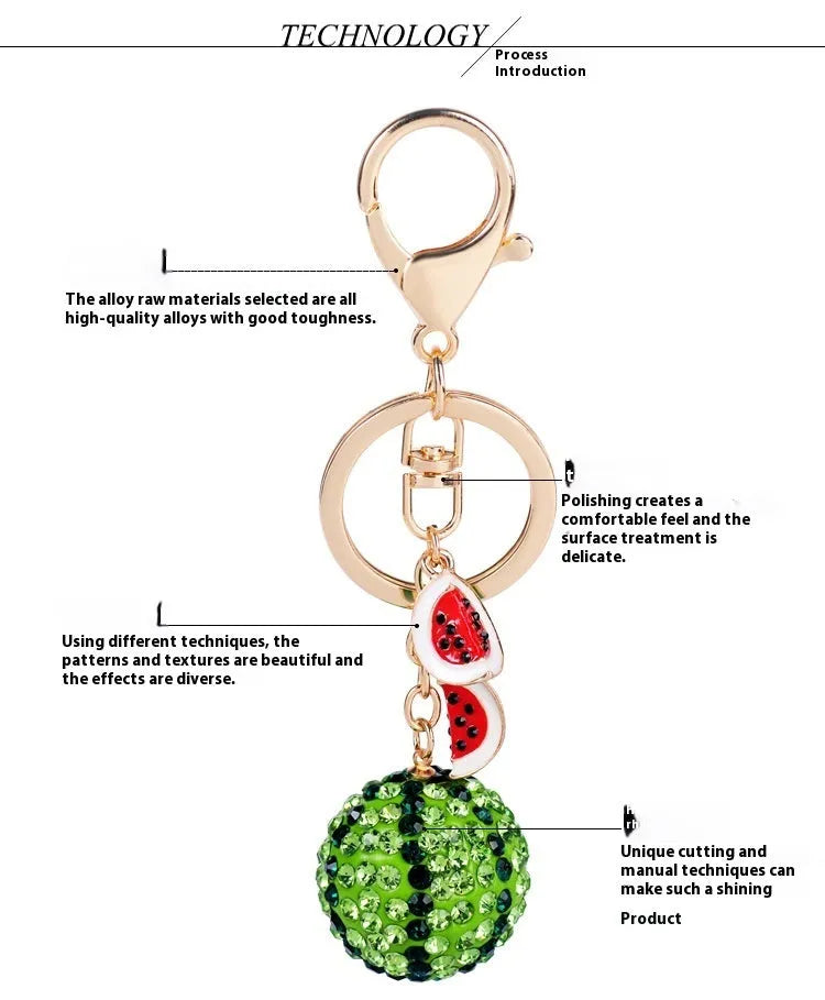 Green zinc alloy watermelon keychain shown at 12cm length.