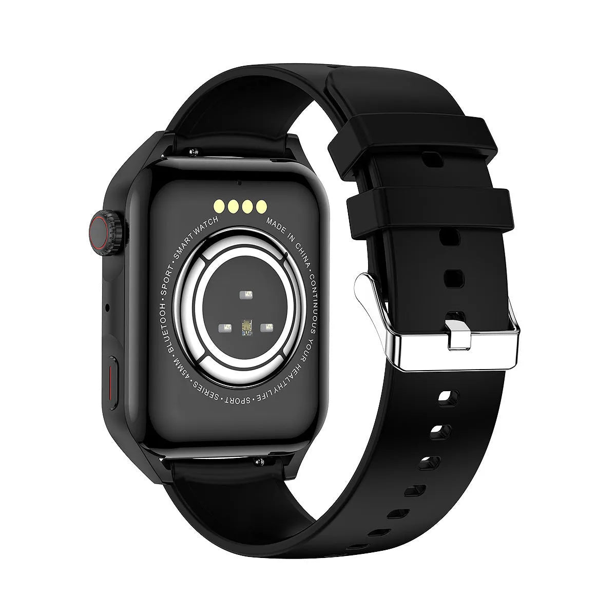 Smart watch with AMOLED display and silicone strap showing multiple watch face designs