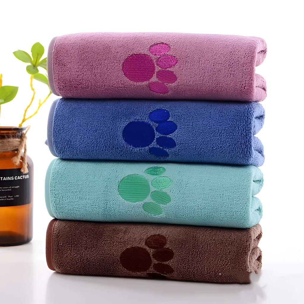 Pet microfiber bath towel in pink, blue, green, dark brown, and light gray for dogs and cats