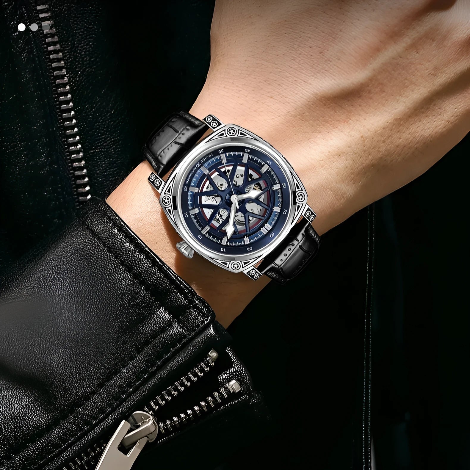 Men's automatic watch with stainless steel case and blue leather strap showing time display