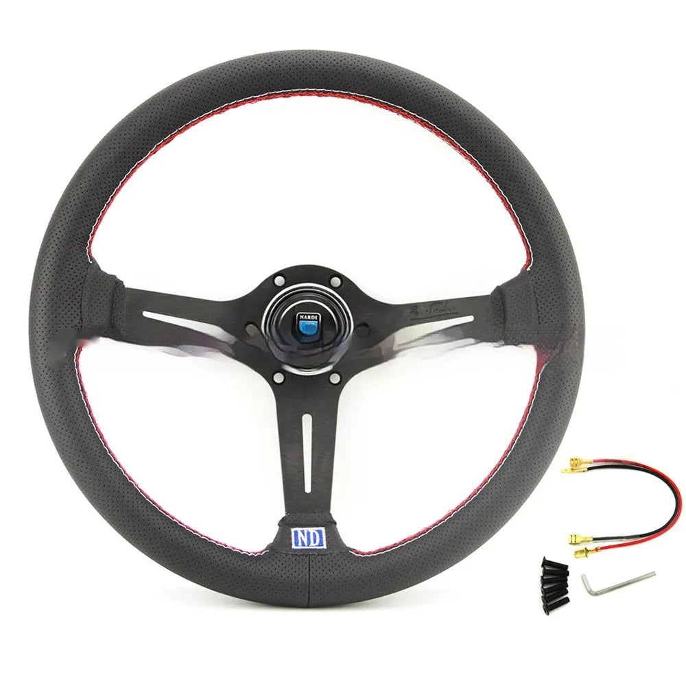 14-inch leather steering wheel with concave profile and silver skeleton