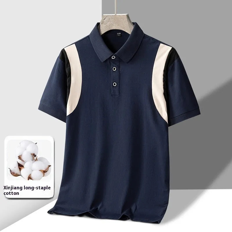 Men's grey cotton short-sleeved T-shirt with a business lapel neckline and loose fit.