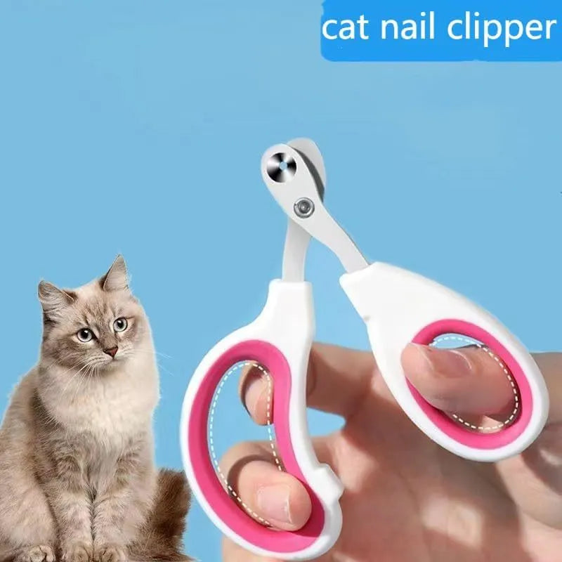 Blue pet nail clippers with circular safety-guide hole and cushioned non-slip handles.