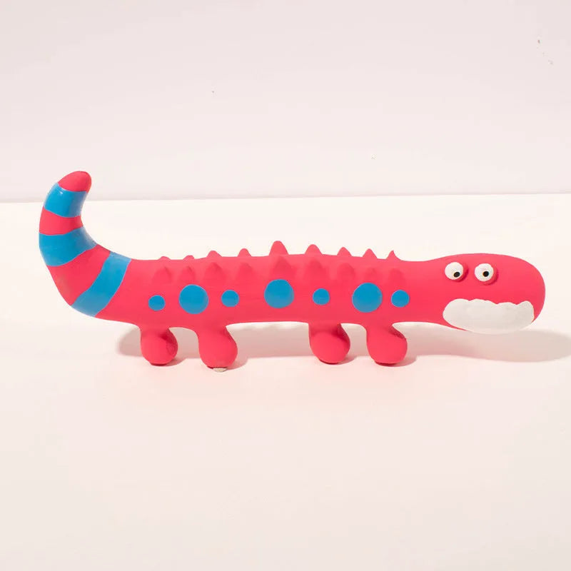 Green lizard-shaped dog chew toy with squeaker, measuring 24cm long