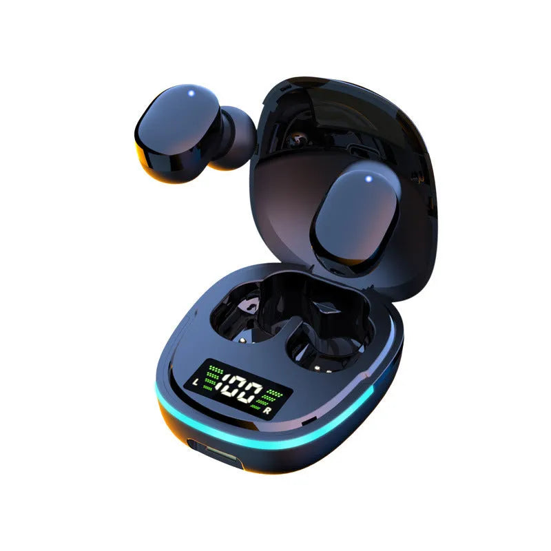 Black true wireless Bluetooth earbuds with charging case showing copper speaker and button controls
