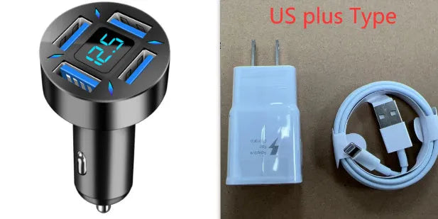 Black four-port USB car charger with digital LED display plugged into a car dashboard socket.