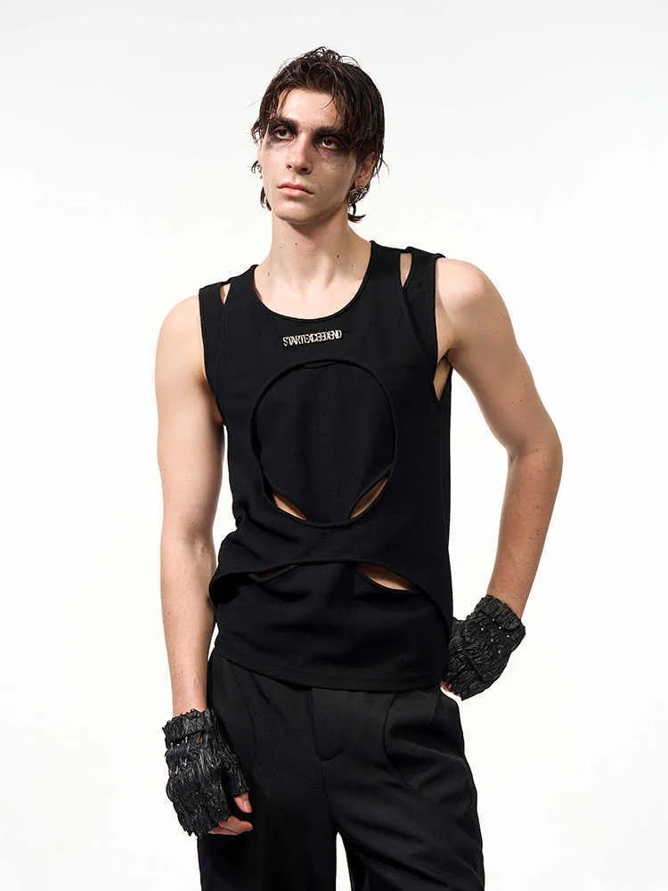Men's black sleeveless waistcoat with hollow thread design and round neck collar