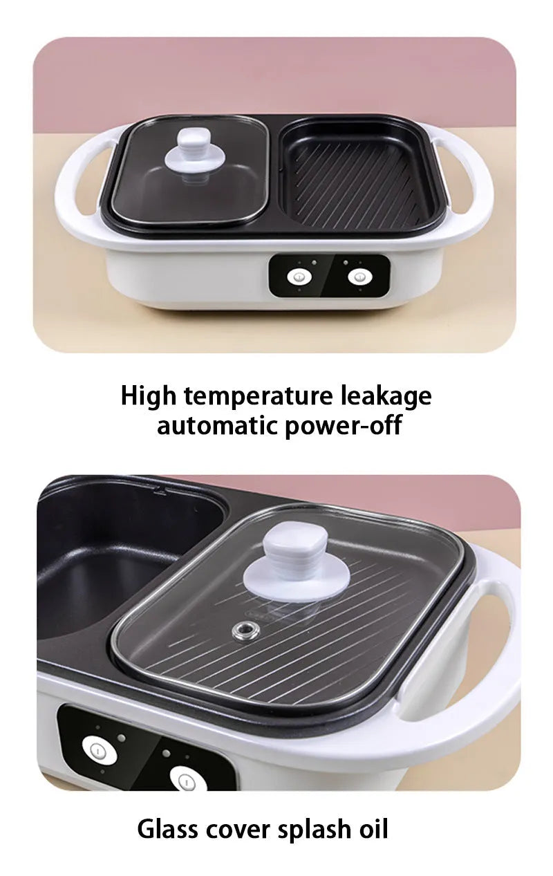 Green and white electric hot pot appliance with mechanical dials, showing dimensions of 390mm by 220mm.