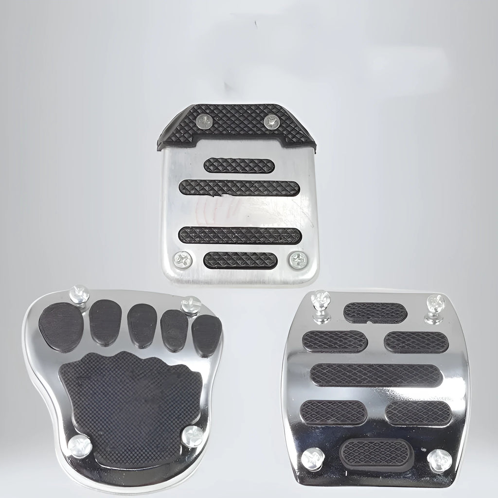 Metal motorcycle brake pedal skid plate showing three design options for universal fit