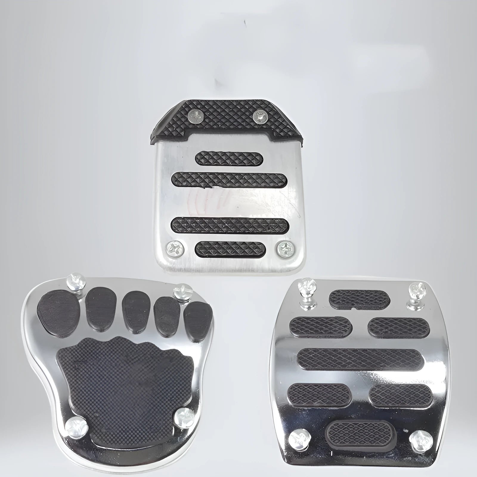 Metal motorcycle brake pedal skid plate showing three design options for universal fit
