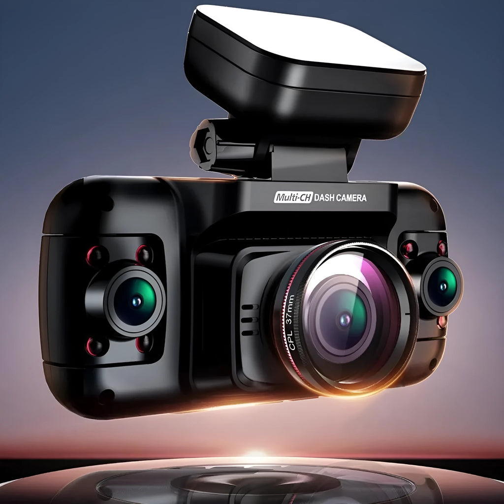 Black panoramic driving recorder dash camera mounted on a car windscreen
