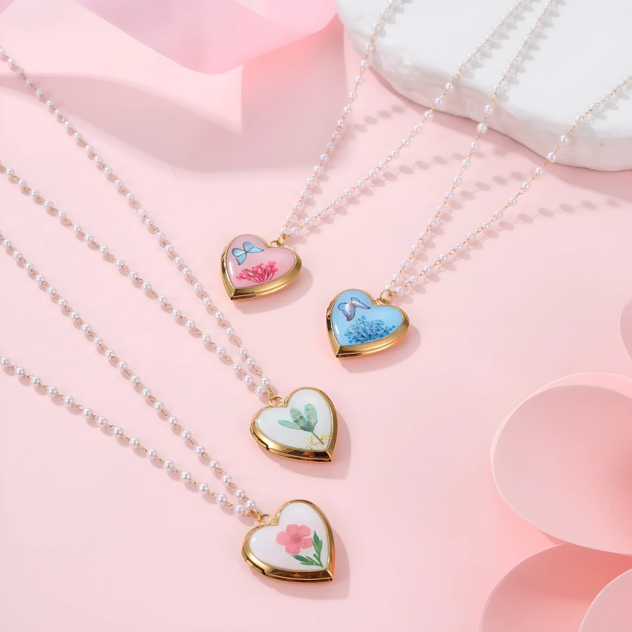 18K gold electroplated stainless steel love photo box necklace on display, geometric pendant, four colour options available
