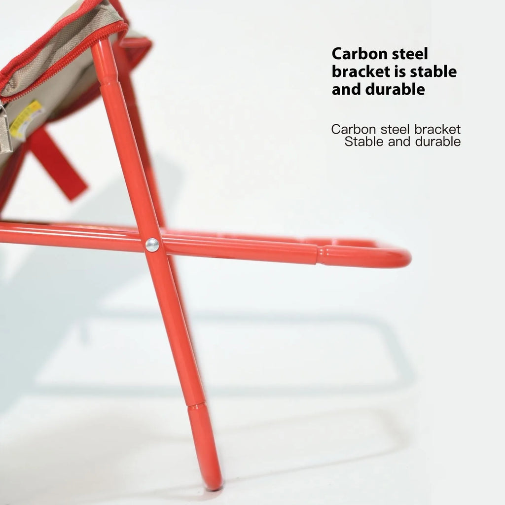 Folding camp chair stool in Oxford cloth fabric showing pencil box design and colour options