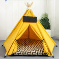 Striped flax and linen pet teepee tent with a cushion inside, for small dogs or cats.