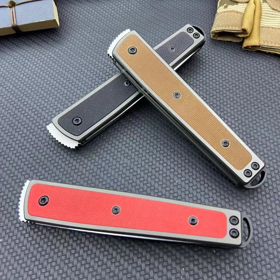 Folding fruit knife with stainless steel blade in black, coffee or red colour options showing extended and folded positions