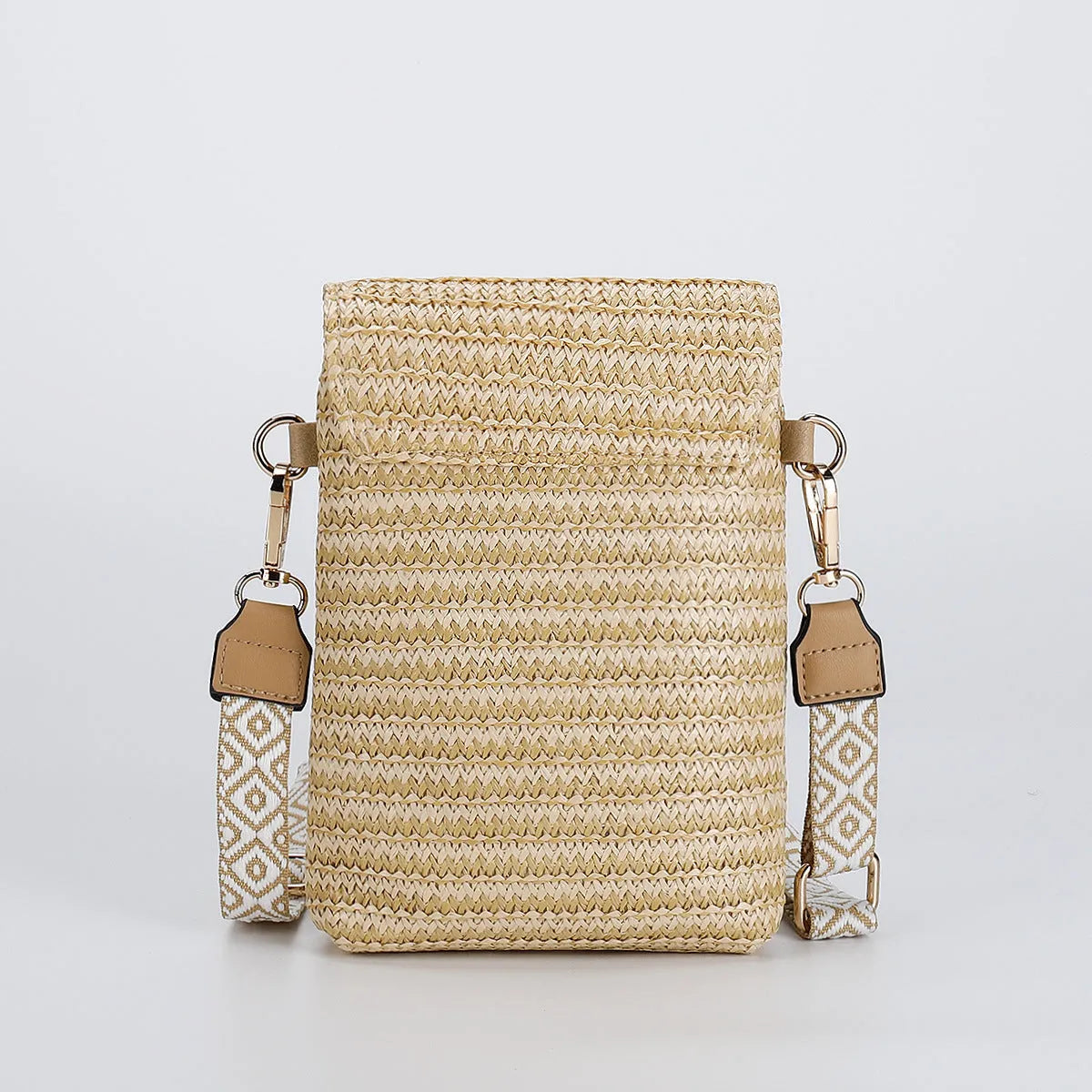 Rice bead straw woven women's crossbody shoulder bag square vertical shape with phone pocket
