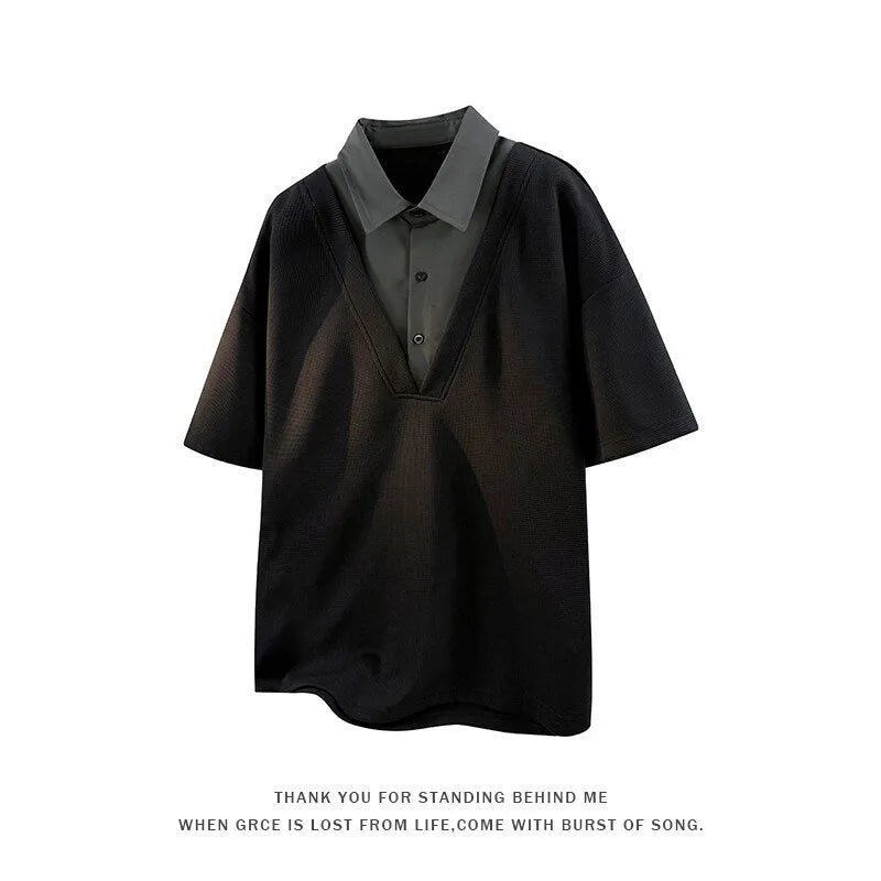 Men's heavy henley collar polo shirt sweater with padding in black spandex fabric
