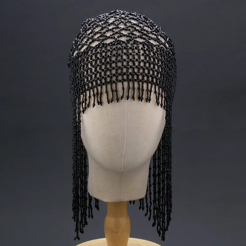 Belly dance hat with handmade beads, decorative mesh, and tassels in black or silver colour