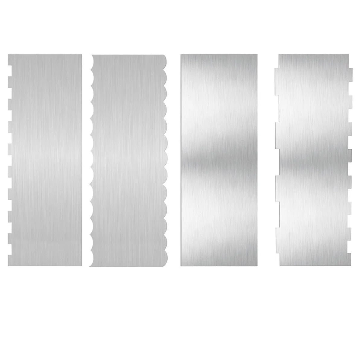 Stainless steel cake scraper with a polygon-patterned edge for decorating, shown with style options 1-6.