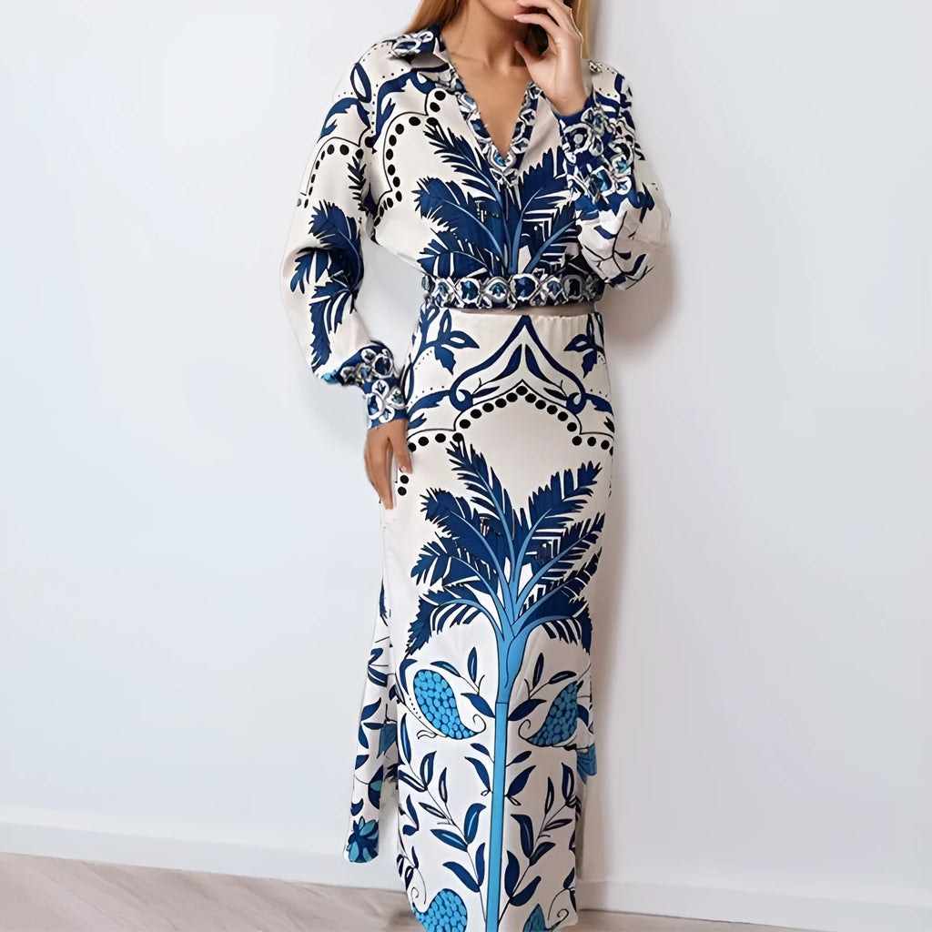 Women's early spring casual co-ord set featuring a long sleeve top and long skirt in picture colour.