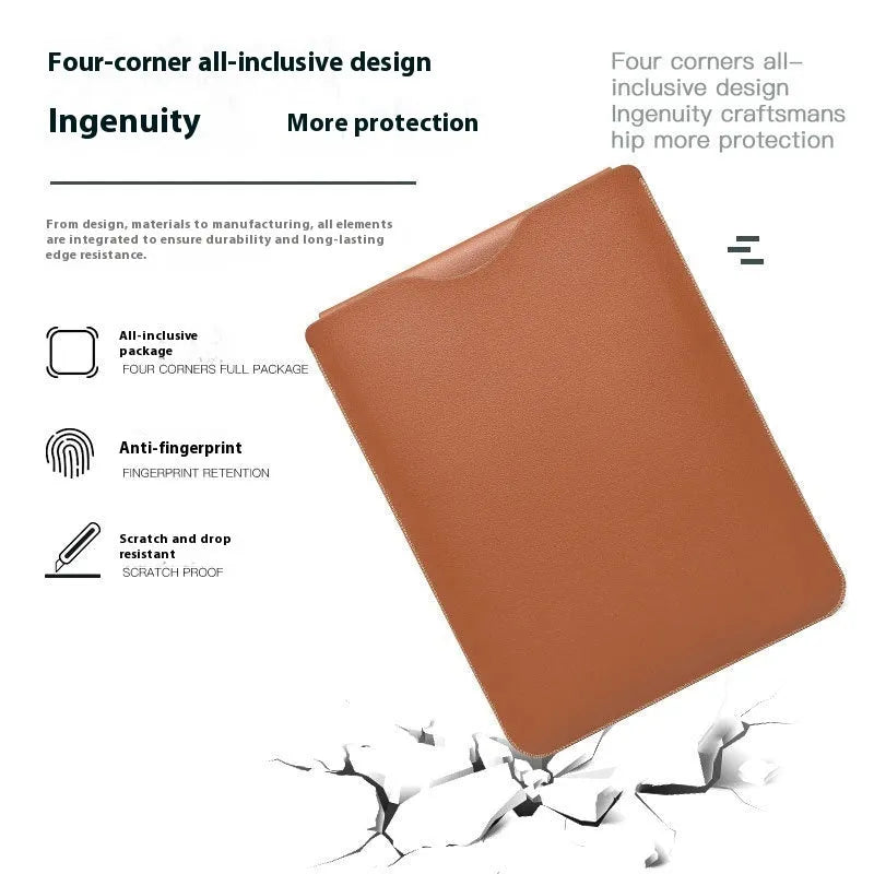 Four-piece imitation leather lock edge protective cover set for MacBook laptops in brown, grey, apricot, and light pink colours