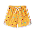 Children's colourful polyester beach shorts showing multiple pattern options with height-based size tags