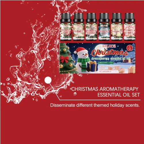 Christmas aromatherapy oil set showing six bottles of warm home scented oil