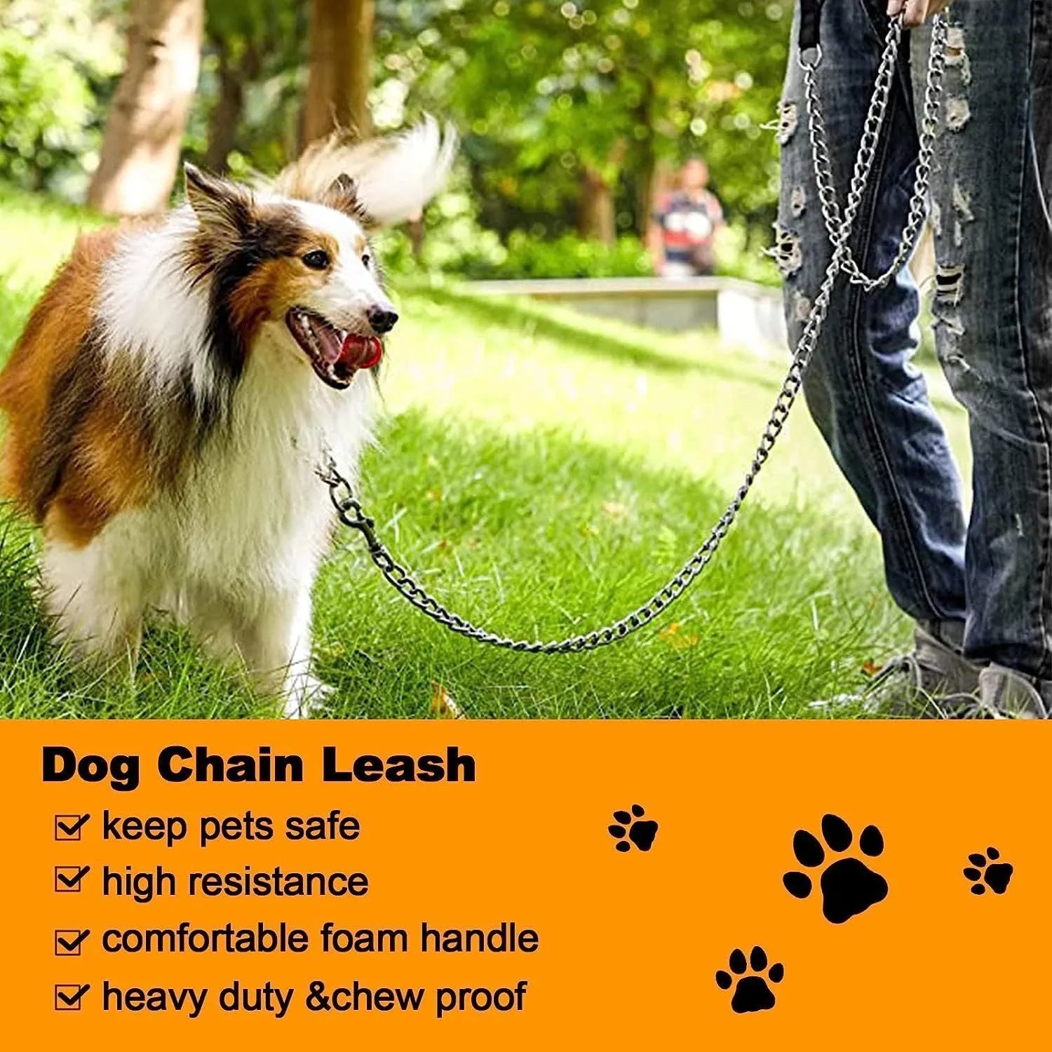 Heavy duty metal dog chain leash with soft black padded handle, shown in black, blue, and red.