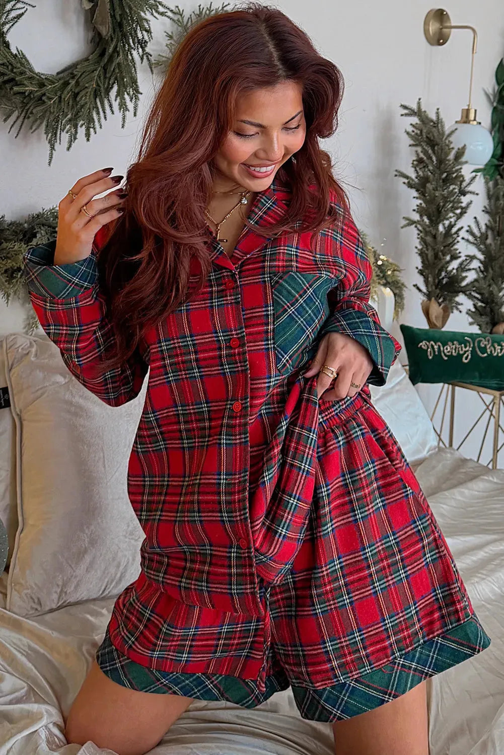Red plaid Christmas pajama set with long sleeve shirt and shorts