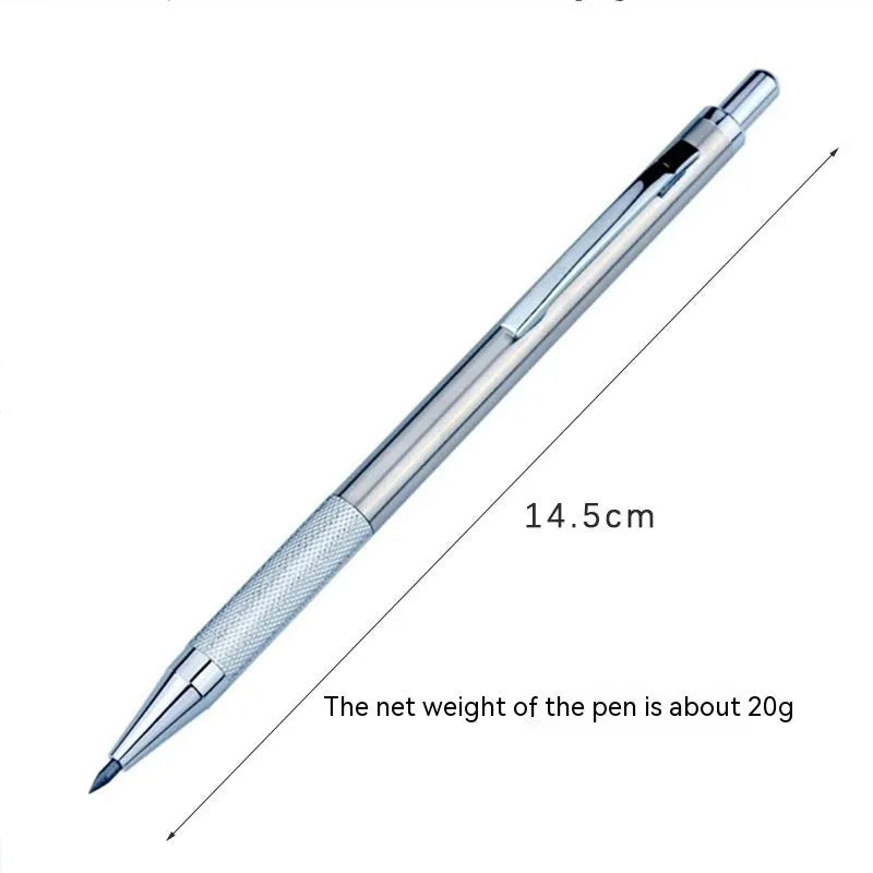A metal automatic mechanical pencil with multiple lead size options including 0.5mm, 0.7mm, 0.9mm, 1.3mm, and 2.0mm.