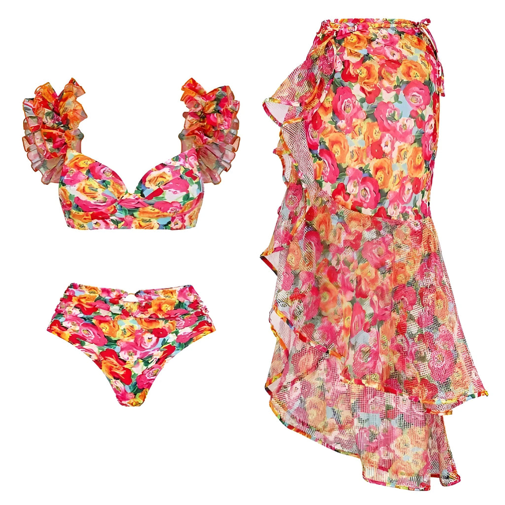 Women's high-waisted floral push-up bikini set with matching swim skirt
