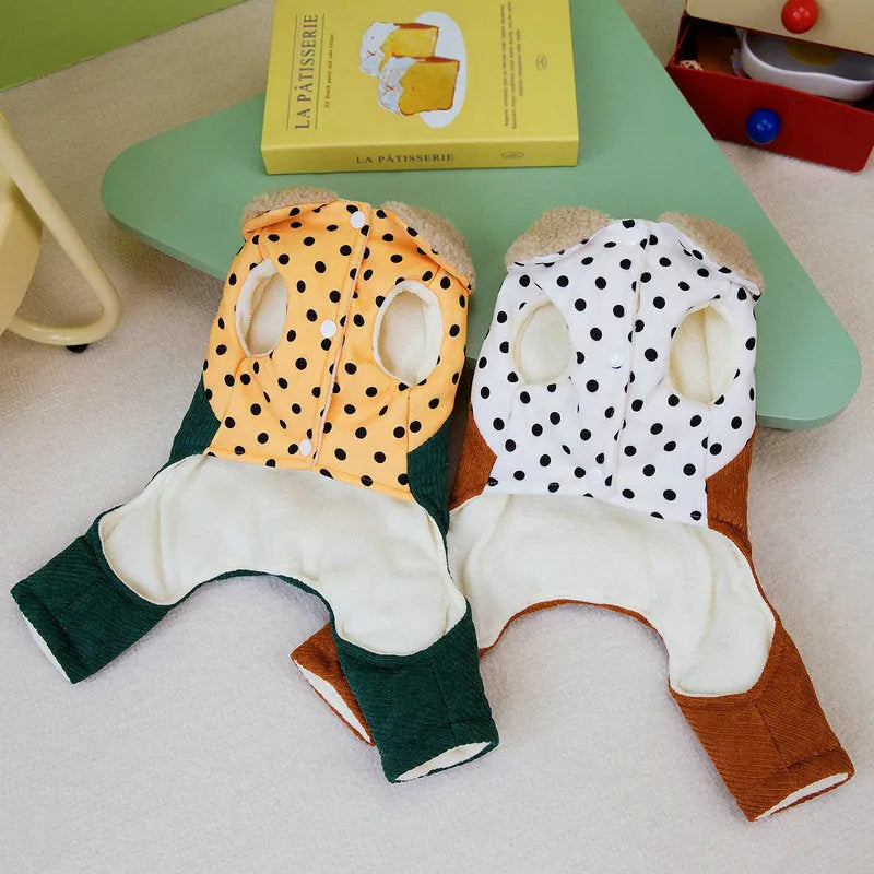 Four-legged cotton-padded dog coat in brown, with polyester outer fabric, laid flat on surface