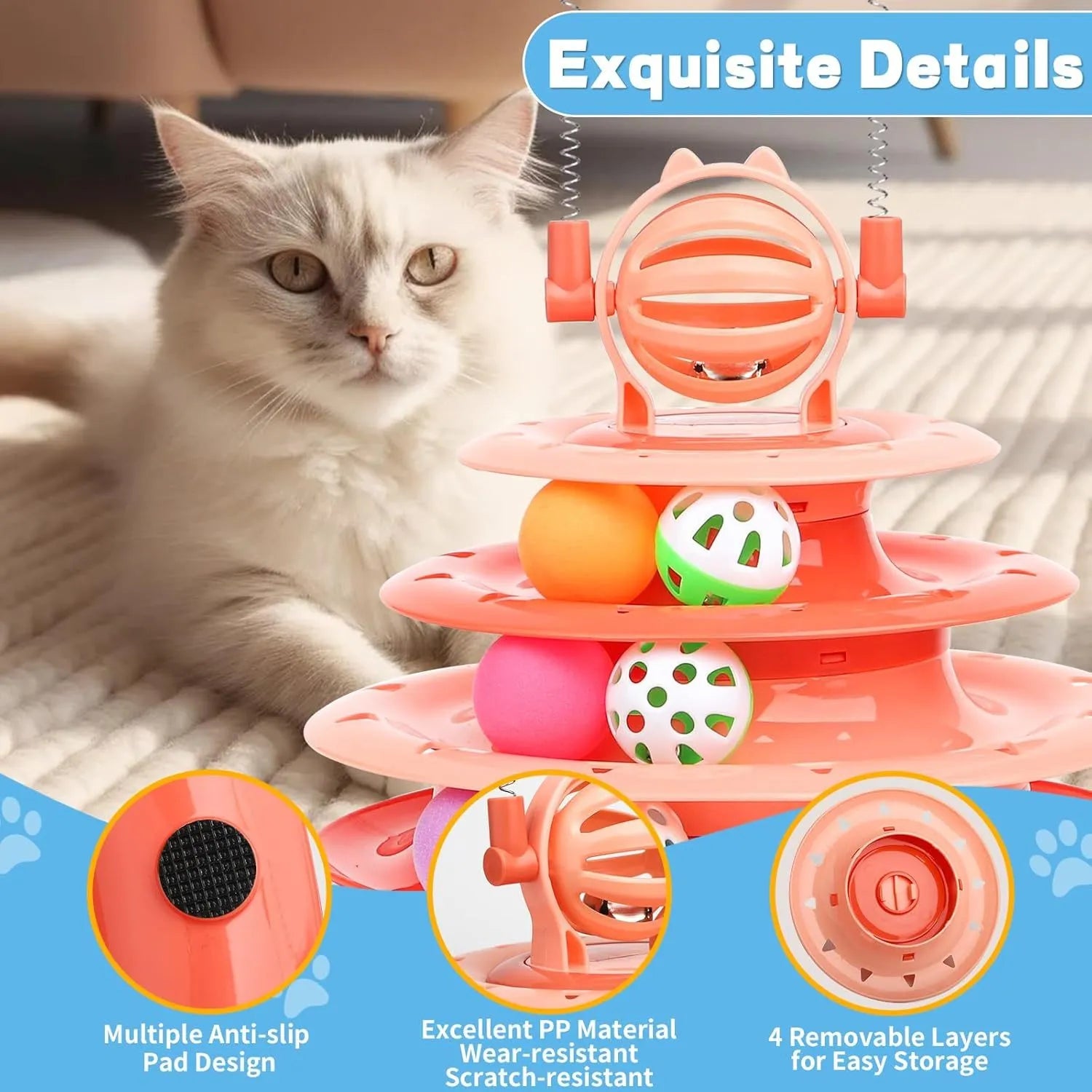 Blue 4-tier interactive cat puzzle toy carousel with six coloured balls and two teasing rods.