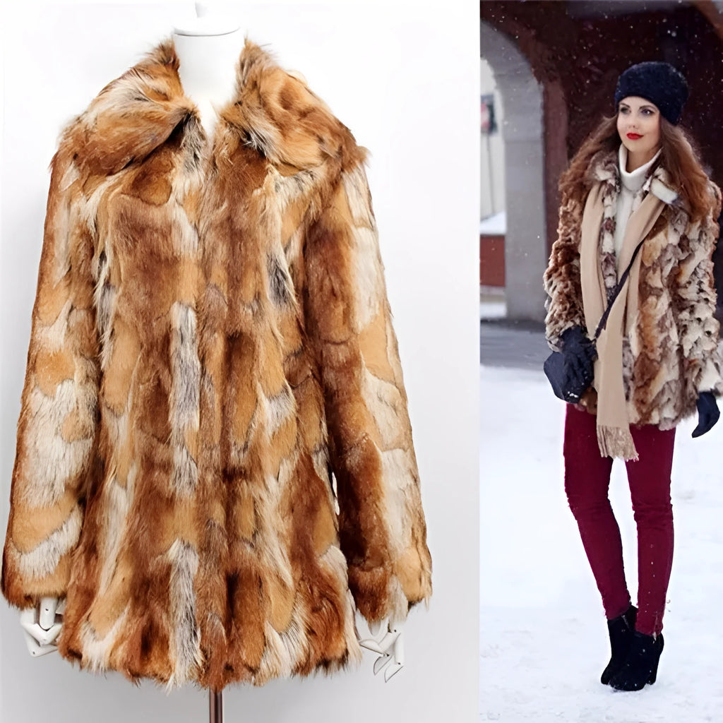 Women's tiger pattern artificial fur leather jacket in medium length 65cm with long sleeves