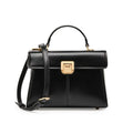 Women's black genuine leather shoulder bag with horizontal square shape and cover opening