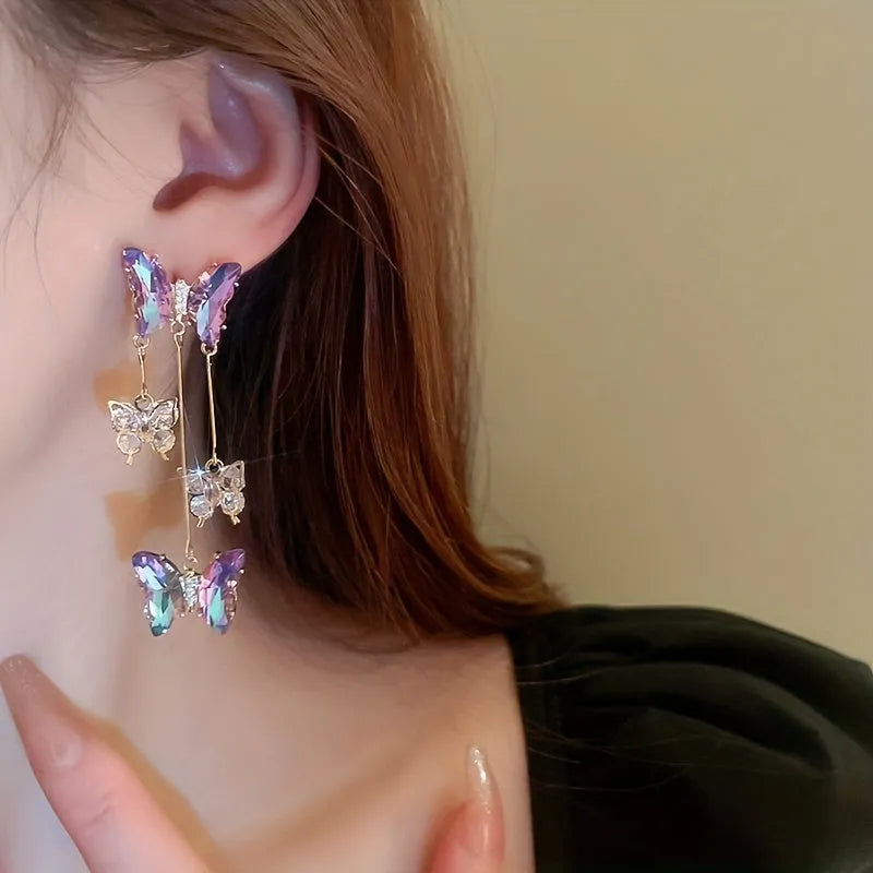 Blue purple butterfly tassel drop earrings with silver needle crystal flowers for women