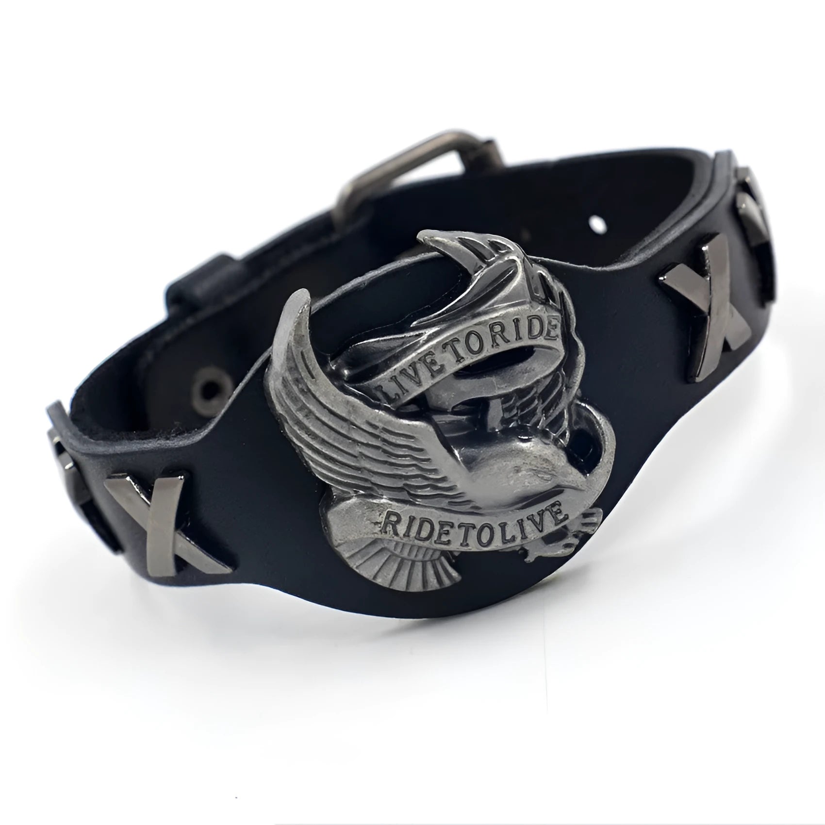 Black leather geometric bracelet with an alloy eagle clasp on a wrist.