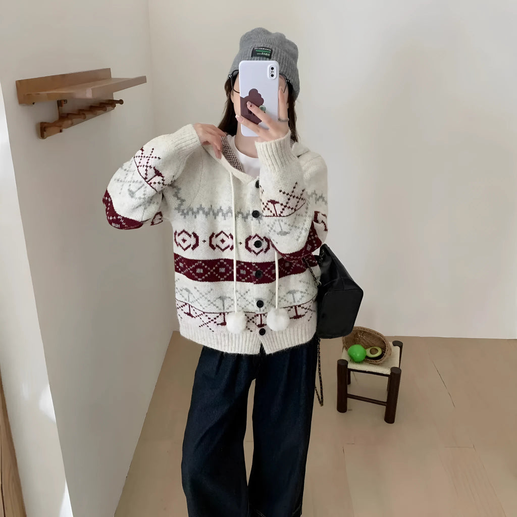 Plus size women's loose fit brocade sweater coat with geometric pattern in beige colour