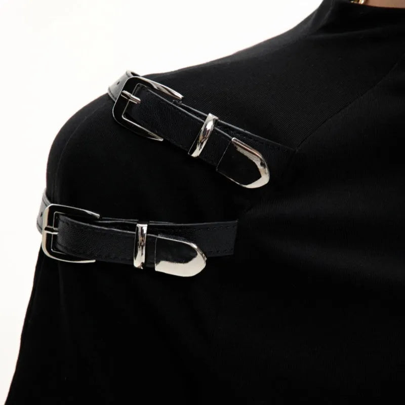 Men's slim fit black cotton T-shirt with a small stand-up collar and metal belt design detail on chest.