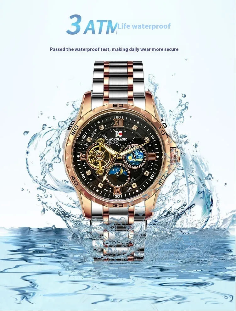 Automatic mechanical men's watch with rose gold casing and black dial